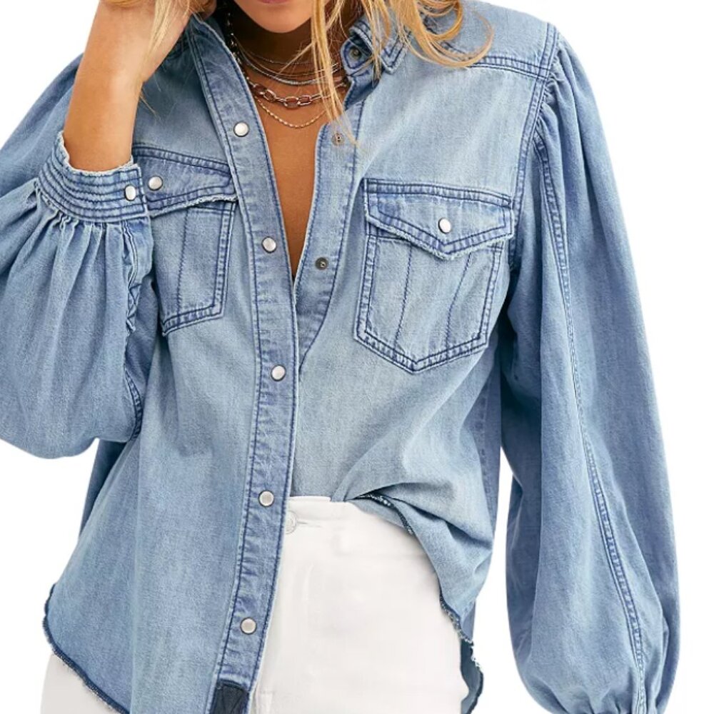 Free People- With Love Denim Button-Up Shirt- Size SM